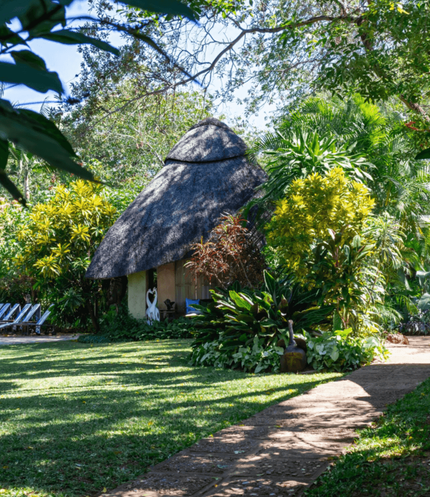 Thatched garden cottage surrounded by tropical greenery at Bayete Guest Lodge