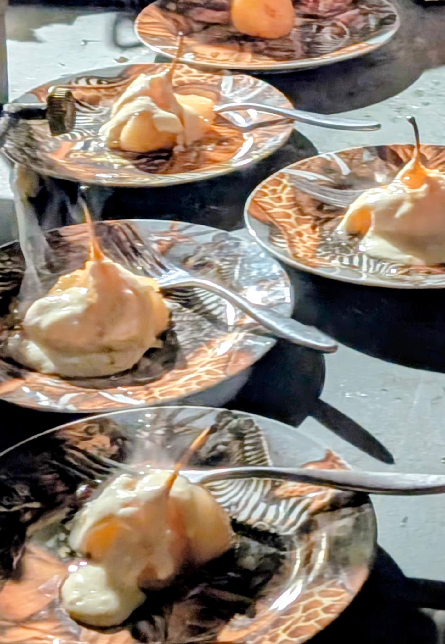 Freshly poached pears with crème — a dessert prepared by the Kokomere camp chef in the middle of the Botswana bush